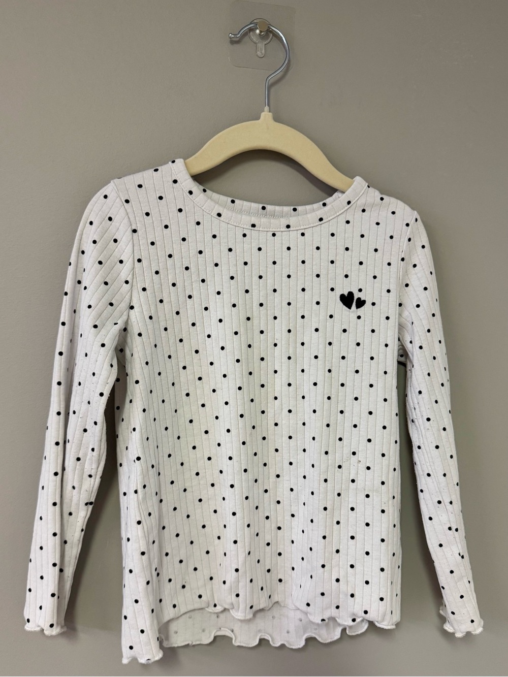 Joe Fresh White Long Sleeve Polka Dot Top with Black Heart